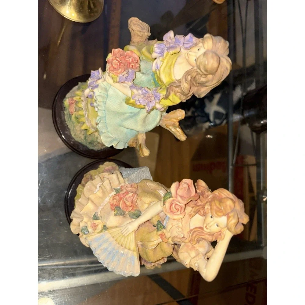 Vintage Victorian Style Lady Figurines Set 2pc Floral Dress Statue Decor 8